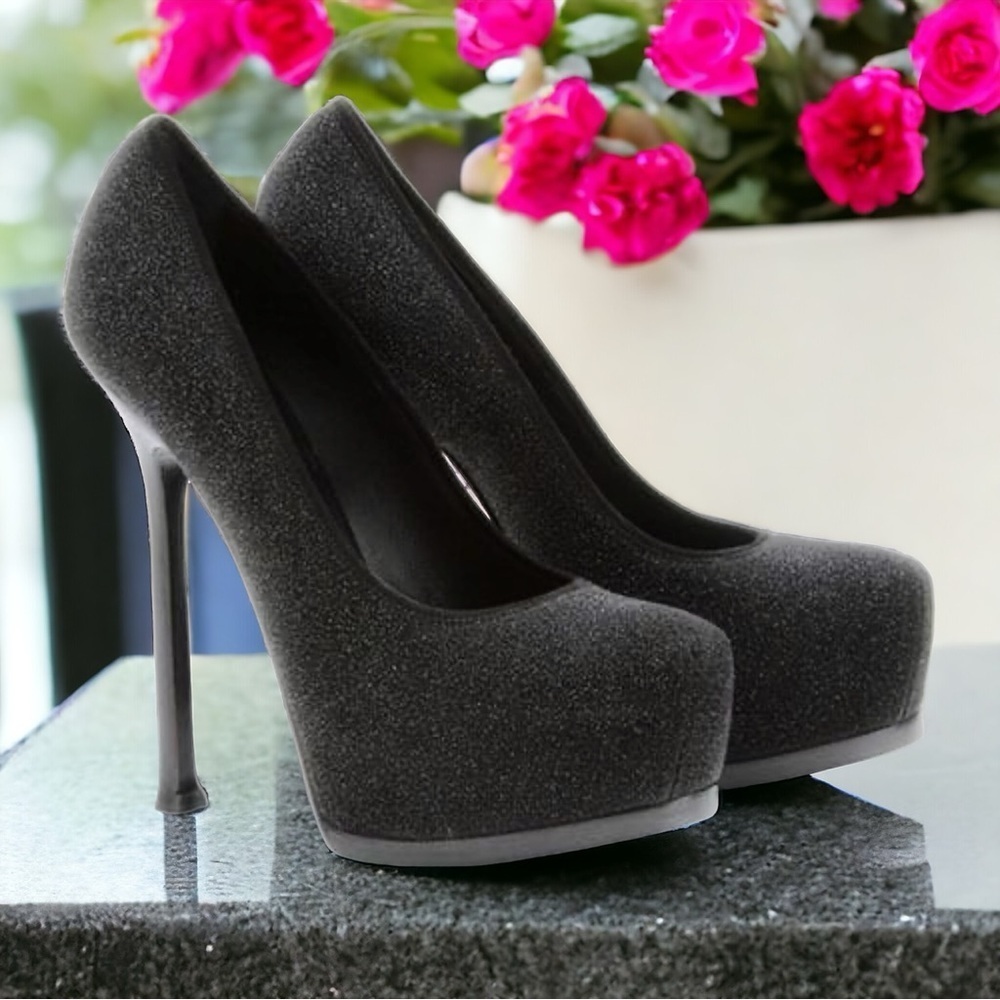 Yves Saint Laurent Black Glittery Coated Suede Trimmed ‘Tribute’ Platform Pumps